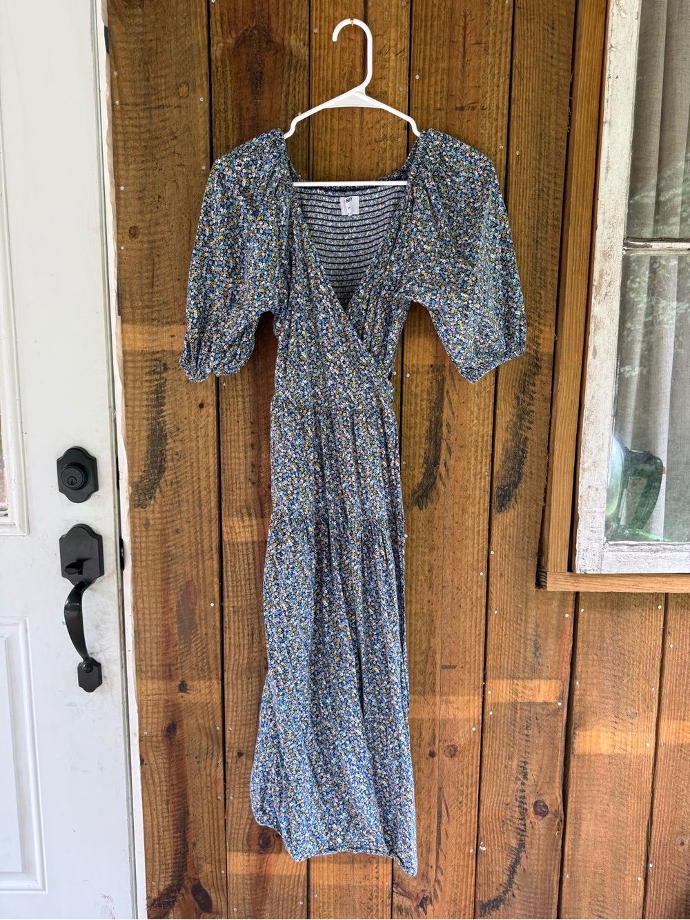 Old Navy Blue Floral Midi Wrap Dress with Puff Sleeves